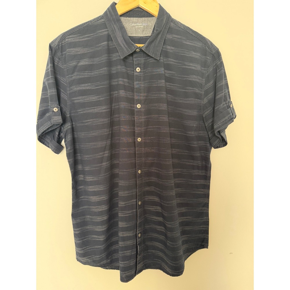 Calvin Klein Button Down Mens Large Short Sleeve Striped Navy Gray Excellent
